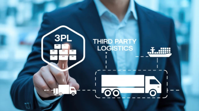 Businessman in a suit interacting with a digital screen featuring 3PL and logistics solutions, streamlining supply chain operations.